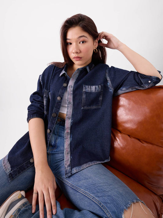 Women Oversized Fit Solid Button Down Collar Casual Shi...