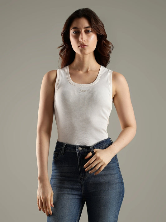 Women Self Design Scoop Neck Pure Cotton White T-Shirt