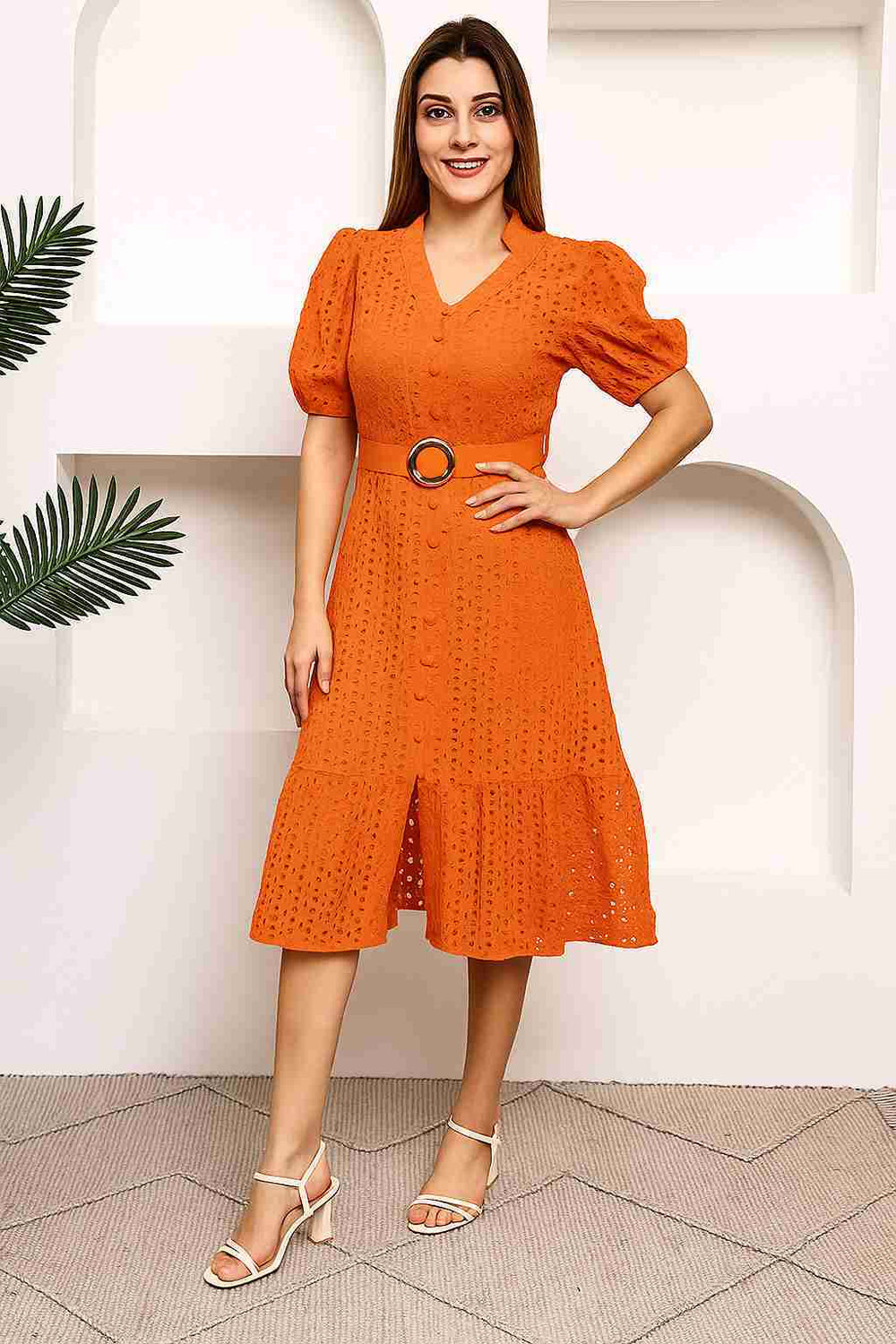Women A-line Orange Midi/Calf Length Dress