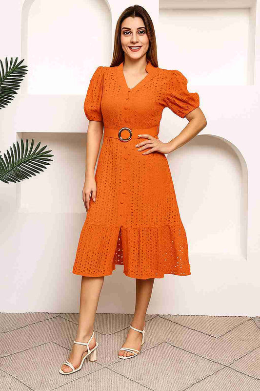 Women A-line Orange Midi/Calf Length Dress