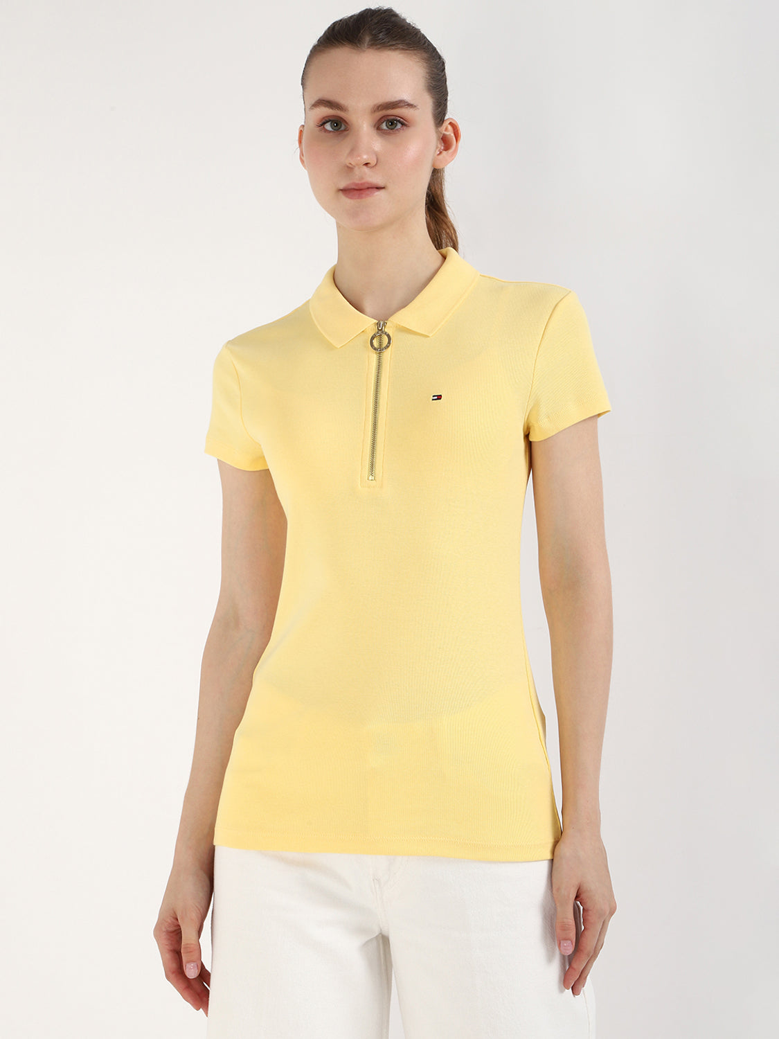 Women Solid Polo Neck Cotton Blend Yellow T-Shirt