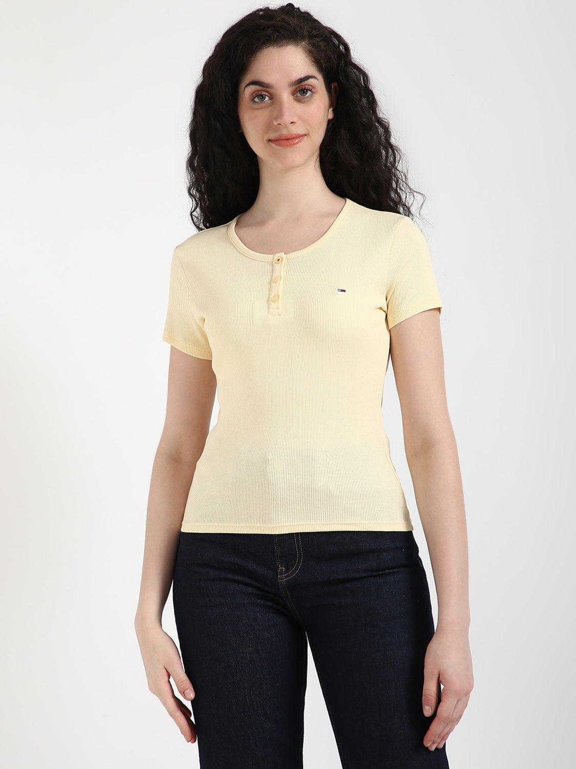 Women Solid Round Neck Cotton Blend Yellow T-Shirt