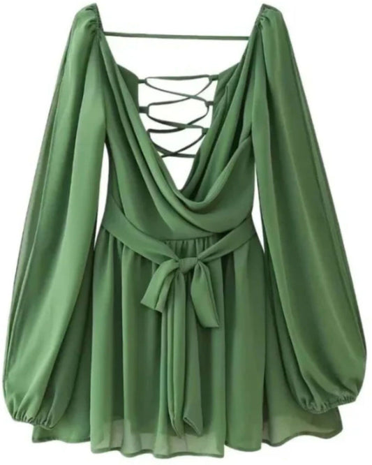 Women Fit and Flare Green Above Knee/Mid Thigh Length D...