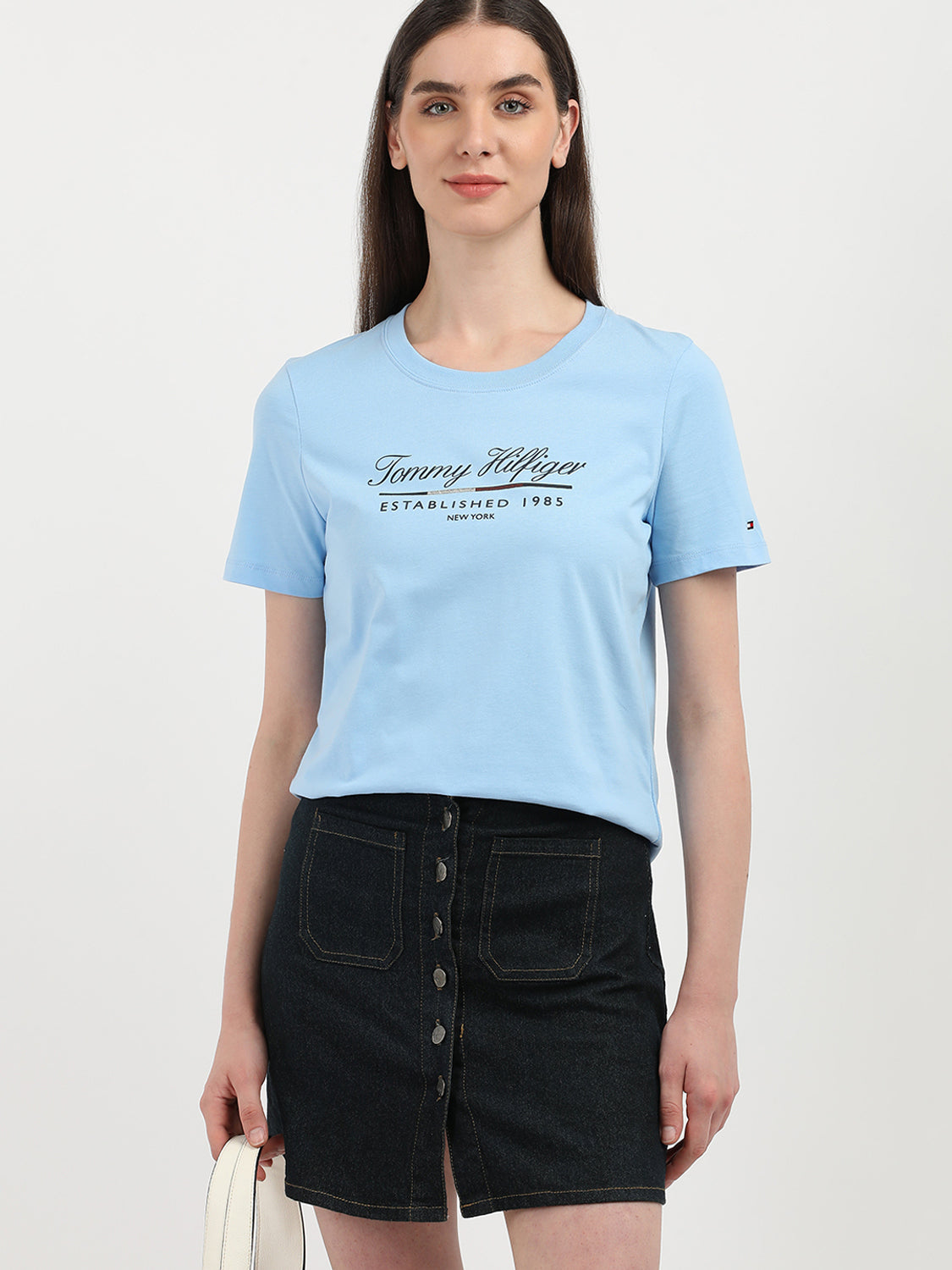 Women Graphic Print Round Neck Cotton Blend Blue T-Shir...