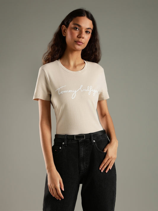 Women Printed Crew Neck Pure Cotton Beige T-Shirt