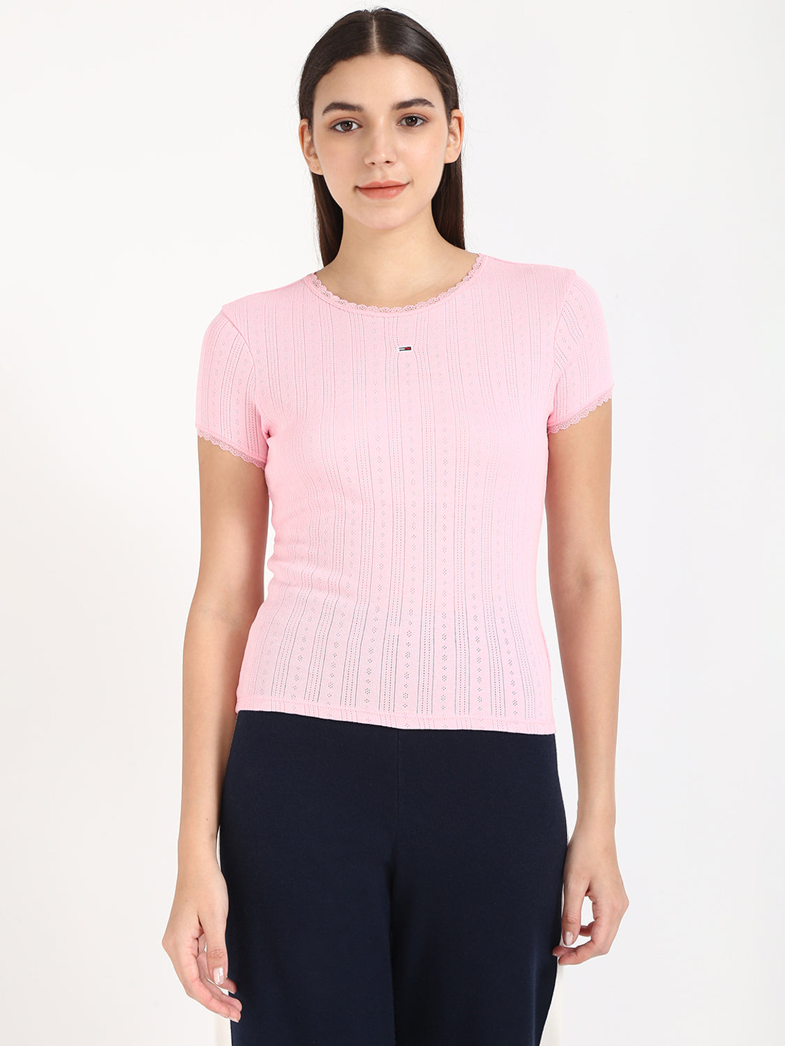 Women Self Design Round Neck Cotton Blend Pink T-Shirt