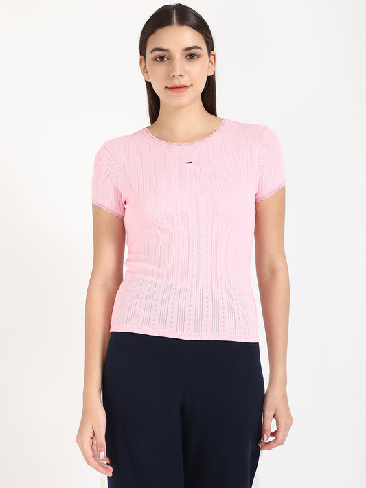 Women Self Design Round Neck Cotton Blend Pink T-Shirt