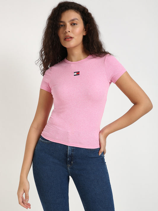 Women Solid Round Neck Cotton Blend Pink T-Shirt