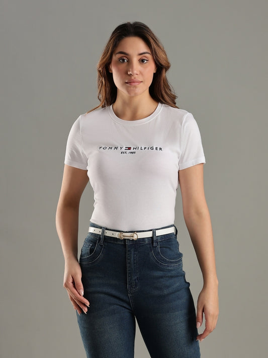 Women Printed Crew Neck Pure Cotton White T-Shirt