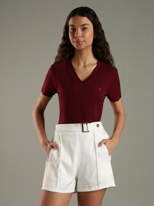 Women Solid V Neck Pure Cotton Red T-Shirt