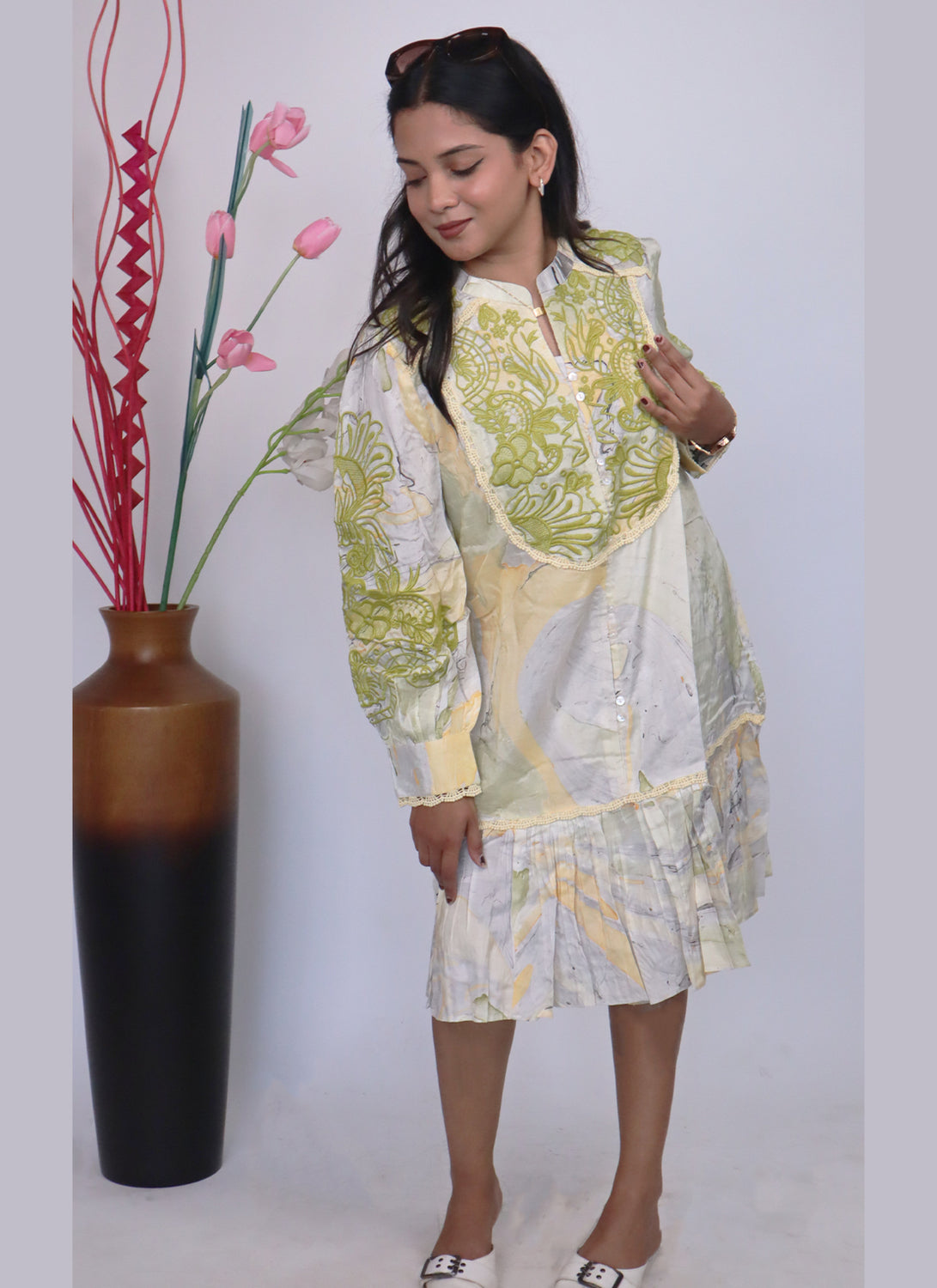 Women A-line Green Midi/Calf Length Dress