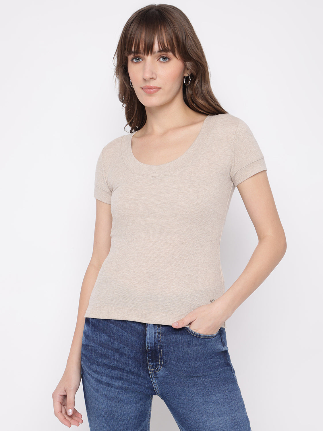 Women Solid Scoop Neck Viscose Rayon Beige T-Shirt