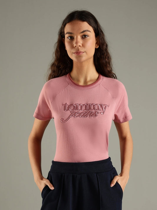 Women Printed Crew Neck Pure Cotton Pink T-Shirt